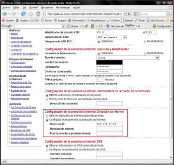 En esta página seleccionamos “Configurar manualmente la dirección IP” y escribimos nuestra dirección IP modificando los últimos dos digitos por otros a nuestro gusto.
