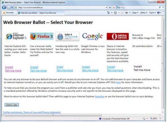 Pantalla propuesta por Microsoft para seleccionar un navegador Pantalla propuesta por Microsoft para seleccionar un navegador